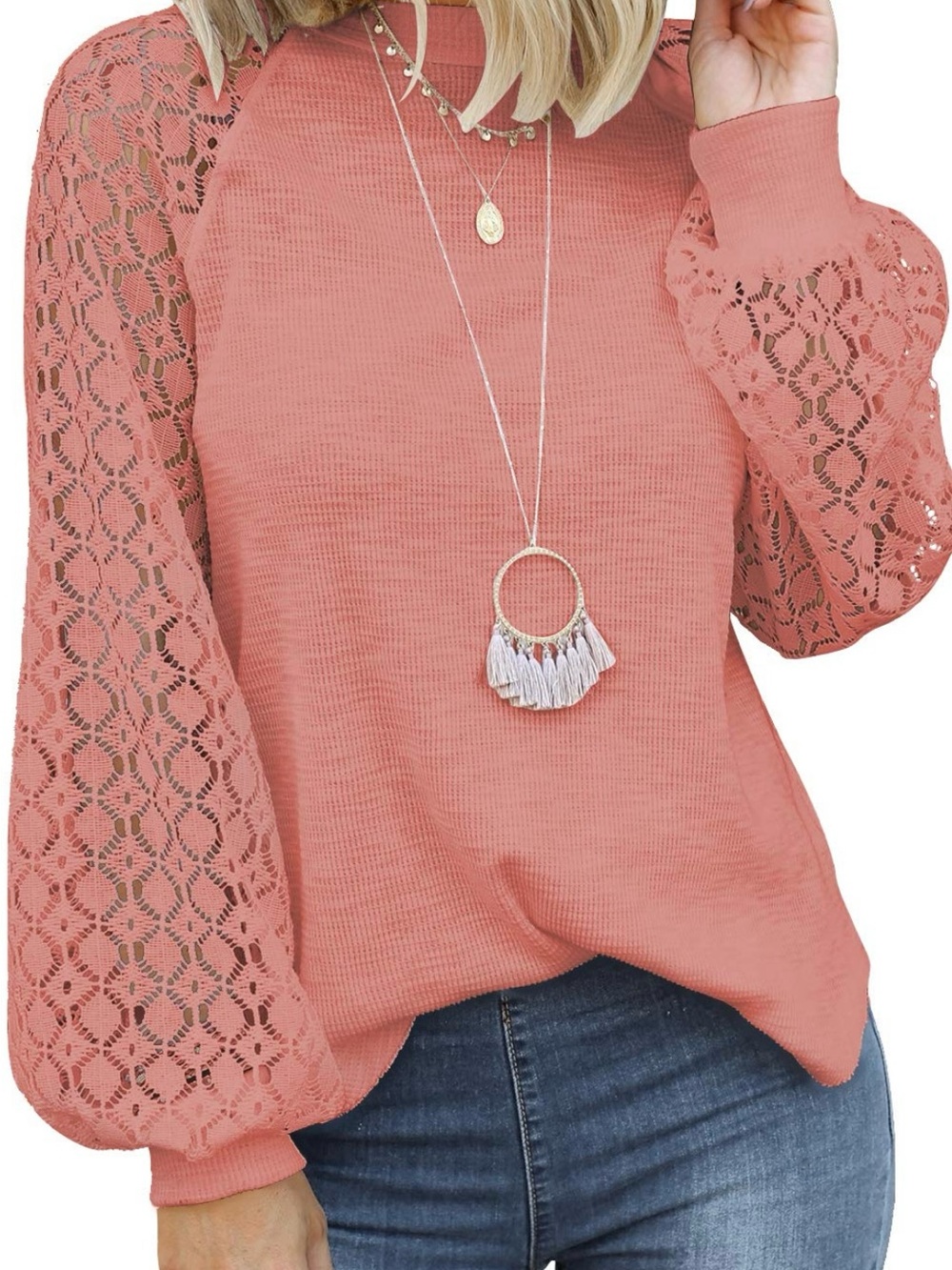 Lace Sleeve Knit Pullover Top - Coral